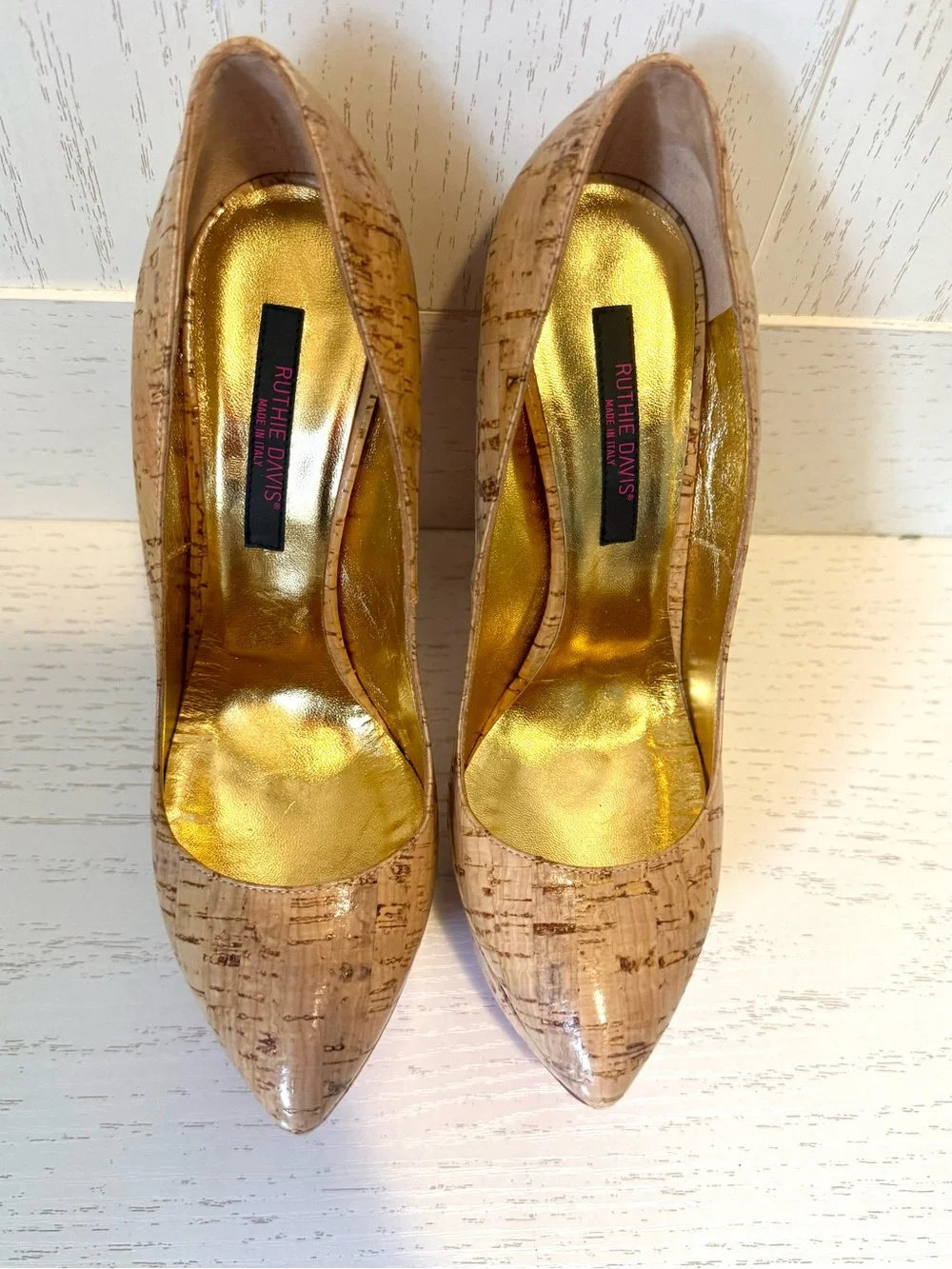 Ruthie Davis Cork-Print Nude Platform Pumps with Gold Lining size 37